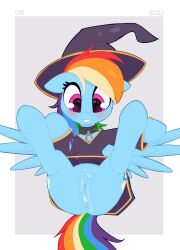 blue_body blush bodily_fluids clothed clothing cum cum_in_pussy cum_inside equid equine female feral friendship_is_magic genital_fluids genitals hasbro hat headgear headwear hi_res horse mammal my_little_pony omiart pony pussy rainbow_dash_(mlp) solo spread_legs spreading witch_hat