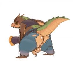 activision anthro anus ass balls big_butt blush bodily_fluids bubble_butt canid canine canis clothing crash_(series) crocodile crocodilian crocodylid dingo dingodile genitals huge_butt hybrid macrolee male male_only mammal penis reptile scalie solo sweat thick_thighs torn_clothing video_games