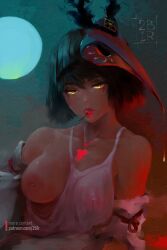 2bells1ravine artistic_nudity black_hair breasts collarbone dark_background genshin_impact kujou_sara liquid lollipop mask_on_head medium_breasts mouth_drool nipples painting_(artwork) see-through short_hair squinting torn_shirt traditional_media_(artwork) yellow_eyes