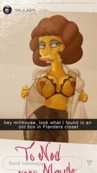 areolae authorialnoice big_breasts breasts busty female female_focus female_only hourglass_figure maude_flanders milf nipples pinup pinup_pose pose posing see-through see-through_bra see-through_clothing snapchat the_simpsons wide_hips yellow_skin