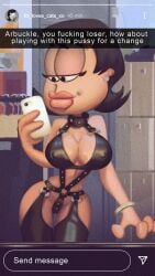 authorialnoice bdsm bdsm_gear bdsm_outfit big_breasts breasts busty earrings erect_nipples female female_focus female_only garfield_(series) hourglass_figure liz_wilson nipple_bulge paramount_pictures paws,_inc. phone pinup pinup_pose pose posing selfie snapchat wide_hips