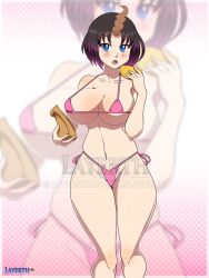 1girls bikini black_hair blue_eyes dragon_girl dragon_horn elma_(dragon_maid) food holding_food huge_breasts layerth micro_bikini miss_kobayashi's_dragon_maid multicolored_hair purple_hair voluptuous