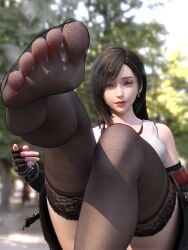 1girls 3d 3d_(artwork) armwear background bare_shoulders black_socks black_stockings boots_removed brown_hair clothed clothing convenient_leg depth_of_field earring earrings eyebrows feet female female_focus female_only final_fantasy final_fantasy_vii final_fantasy_vii_remake foot_fetish foot_focus foot_out_of_frame foot_up footwear_removed gloves highres light-skinned_female long_hair looking_at_viewer makeup mazobuta no_shoes outdoors piercing pointing pov pov_feet realistic red_eyes red_lipstick shade shadow smile smirk soles solo solo_focus square_enix stockings tank_top thighhighs thighs tifa_lockhart toenail_polish toenails toes trees