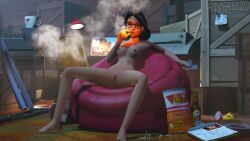 3d casual eyewear female human miss_pauling naked nude nude_female pale_skin riversizd smoking team_fortress_2