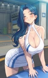 1girls bent_over blue_eyes blue_hair blush busty car cleavage cleavage_cutout curvy dress female garage kkamja large_breasts looking_at_viewer mole mole_on_breast original original_character race_queen smile soo_ryeon_(kkamja) vehicle voluptuous