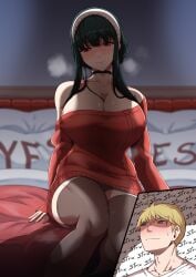 1boy 1girls assassin bed bedroom bedroom_eyes black_hair black_legwear breasts busty choker female heavy_breathing hi_res in_heat inviting_to_sex large_breasts looking_at_viewer on_bed pillow red_eyes spy_x_family sweat sweater thick_thighs thighhighs thorn_princess torahime twilight_(spy_x_family) yes-no_pillow yor_briar