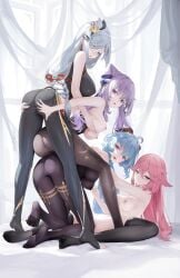 4girls absurdres ahoge alternate_costume animal_ears aqua_eyes ass ass_grab bangs bare_arms black_legwear blue_hair blush bodystocking bodysuit breast_grab breasts cameltoe curtains eyebrows_visible_through_hair feet fox_ears from_behind ganyu_(genshin_impact) genshin_impact gold_trim grabbing hair_cones hair_over_one_eye haku89 highres horns keqing_(genshin_impact) keqing_(opulent_splendor)_(genshin_impact) kneeling long_hair looking_at_viewer lying medium_breasts multiple_girls nipples no_shoes on_back open_mouth pantyhose parted_lips pink_hair purple_eyes pussy revision shenhe_(genshin_impact) shirt sideboob sidelocks smile soles standing thigh_grab thighhighs thighlet thighs toes twintails underboob vision_(genshin_impact) white_shirt yae_miko