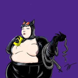 1girls areola areola_slip batman_(series) bbw belly big_belly big_breasts breasts catwoman dc dc_comics fat female female_only latex_suit morbidly_obese obese overweight solo solo_female stretched_belt whatccha