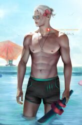 1boy 1boy1girl 1girls artist_on_twitter athletic athletic_male belly_button boxers_(clothing) clasp half_dressed king league_of_legends looking_away love male_only muscular muscular_male necklace nipple nipples painting_(artwork) pool poolside ruination ruined_king ruined_king_symbol six_pack sunglasses swimsuit varuslunam vex_(league_of_legends) viego_(league_of_legends) white_hair white_skin yordle