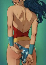 1girls ass ass_cleavage ass_focus ass_peek back_view butt_crack dc dc_comics female female_only looking_to_the_side naughty_face pachu_m._torres panty_pull rear_view smile solo superheroine wonder_woman wonder_woman_(series)