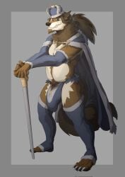 2022 anthro belly big_bulge biped brown_body brown_fur brown_hair bulge canid canine canis cape claws clothing crown digital_media_(artwork) dorian_(furdo) facial_hair fur furdo goatee grey_background hair hi_res huge_bulge idrysse3 legwear long_hair male mammal plantigrade pubes simple_background solo standing thigh_highs toe_claws white_body white_fur wolf