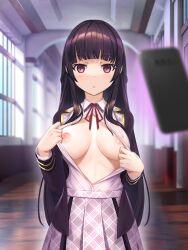 breasts dobunezumi female female_only flashing flashing_breasts hi_res hypnosis large_breasts looking_at_viewer mind_control nipples no_bra open_clothes original original_character phone school_uniform schoolgirl skirt unbuttoned unbuttoned_shirt