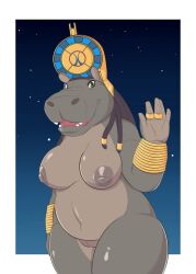 5_fingers anthro areola belly big_breasts bracelet breasts chubby_female clothing common_hippopotamus deity digital_drawing_(artwork) digital_media_(artwork) egyptian egyptian_clothing egyptian_headdress egyptian_mythology fantasy000 female fingers genitals gesture gold_(metal) gold_bracelet gold_jewelry gold_ring hair headdress headgear headwear hi_res hippopotamid jewelry looking_at_viewer mammal marvel marvel_cinematic_universe middle_eastern_mythology moon_knight_(series) mostly_nude mythology navel nipples open_mouth pear-shaped_figure pussy ring simple_background sky slightly_chubby smile solo star starry_sky tagme taweret taweret_(moon_knight) teeth thick_thighs waving wide_hips