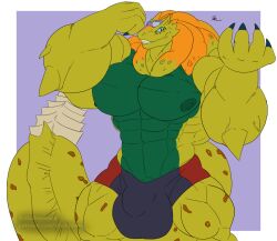 2021 abs anthro big_bulge big_tail bulge capcom dischimera disneyishchimera flexing grin grinning_at_viewer huge_bulge hyper hyper_bulge large_pecs leviathan_(mh) lizard looking_at_viewer male monster monster_hunter monster_hunter_3 muscular_arms muscular_thighs navel nipples pecs reptile royal_ludroth scalie smile solo thick_tail video_games