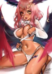 black_nails blush cleavage dark-skinned_female dark_skin female_only indie_virtual_youtuber large_breasts long_hair looking_at_viewer pink_hair rosebell_(artist) smile solo_focus thick_thighs tongue tongue_out trickywi uncensored virtual_youtuber wings yellow_eyes