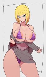 1girls 2022 areolae bikini blonde_hair breasts erect_nipples erect_nipples_under_clothes female female_only green_eyes hi_res hips huge_breasts large_areolae micro_bikini nac000 naruto naruto_(series) naruto_shippuden nipples purple_bikini samui short_hair simple_background slim_waist thick_thighs thighs undressing wide_hips