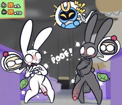 2022 anthro balls big_balls big_penis black_bomberman blush bomberman bomberman_(species) duo embarrassed femboy gameplay_mechanics gay genitals hi_res huge_cock lagomorph leporid magnet_bomber male male_only males_only mammal nude penis rabbit rabblet thick_thighs transformation white_bomber yaoi