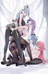 4girls absurdres ahoge alternate_costume animal_ears aqua_eyes ass ass_grab bangs bare_arms black_legwear blue_hair blush bodystocking bodysuit breast_grab breasts cameltoe curtains eyebrows_visible_through_hair feet fox_ears from_behind ganyu_(genshin_impact) genshin_impact gold_trim grabbing hair_cones hair_over_one_eye haku89 highres horns keqing_(genshin_impact) keqing_(opulent_splendor)_(genshin_impact) kneeling long_hair looking_at_viewer lying medium_breasts multiple_girls nipples no_shoes on_back open_mouth pantyhose parted_lips pink_hair purple_eyes pussy shenhe_(genshin_impact) shirt sideboob sidelocks smile soles standing thigh_grab thighhighs thighlet thighs toes twintails underboob vision_(genshin_impact) white_shirt yae_miko