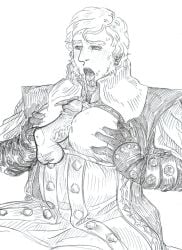 2boys alfred_(bloodborne) bloodborne blush clothed cock_hungry cum_hungry cum_in_mouth disembodied_penis erection fellatio fromsoftware gay hamfoot1 male male_only monochrome mostly_offscreen_character open_mouth open_shirt oral oral_sex paizuri_fellatio pec_grasp pec_squeeze pecjob pecs pectoral_grab penis retracted_foreskin saliva_trail sideburns sitting solo_focus sweatdrop tongue_out uncensored white_background yaoi