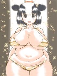 1girls big_breasts bikini breasts chubby female female_only golden_bikini holstein_friesian_cattle_(kemono_friends) hukuroneko kemono_friends looking_at_viewer overweight smile solo thick_thighs