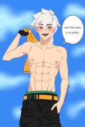 abs admiring beach blush holding_shirt male male_only mobile_legends mobile_legends:_bang_bang nipples sanjouhayabusa shirtless yin_(mobile_legends)