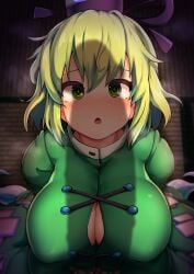 blonde_hair blush breasts cleavage clothed dress female from_above green_dress green_hair hat highres large_breasts looking_at_viewer open_mouth penis_shadow peso_(cheese_company) pov puffy_sleeves short_hair soga_no_tojiko solo_focus sweat tatami tate_eboshi touhou yellow_eyes_female