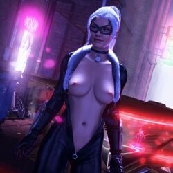 1girls 2022 3d 4k alley black_cat_(marvel) blue_eyes bodysuit car catsuit clothed exposed_breasts felicia_hardy female female_focus female_only looking_away marvel marvel_comics medium_breasts neon_lights night poster scathachalter sfm solo source_filmmaker spider-man_(ps4) spider-man_(series) standing unzipped unzipped_bodysuit watermark white_hair