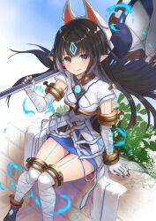 1girls black_hair breasts brown_eyes dress elf_ears kasandra_(xenoblade) nintendo pointy_ears sitting thick_thighs xenoblade_(series) xenoblade_chronicles_2