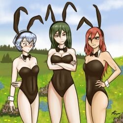 3girls blush breasts bunny_ears bunny_girl bunnysuit cleavage clothing crossover crusch_karsten hips large_breasts legs multiple_girls naruto neon_genesis_evangelion re:zero_kara_hajimeru_isekai_seikatsu rei_ayanami small_breasts tayuya thighs