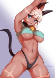 1girls animal_ears arms_up bell_collar blue_eyes bob_cut breasts cat_ears cat_girl collar covered_nipples crop_top cute_fang dark-skinned_female dark_skin female hevn highleg highleg_panties jingle_bell large_breasts nadia_fortune navel open_mouth panties scar short_hair skindentation skullgirls sleeveless sleeveless_shirt smile solo sweat tail underboob underwear