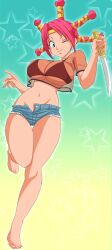 1girls breasts caisama curvy denim denim_shorts female female_only human hunter hunter_x_hunter large_breasts light-skinned_female light_skin menchi pink_hair short_hair short_shorts shorts shounen_jump solo tagme thick_thighs wide_hips