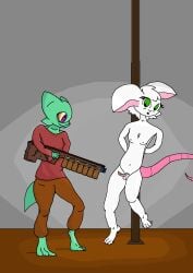 absurd_res anthro bound breasts castration_threat clothing duo feet female fur genitals green_eyes hair hi_res kobold male male/female mammal moe_(kobold_adventure) moepoe murid murine nude penis railgun ranged_weapon rat reggie_(whygena) rodent scared simple_background smile toes weapon white_body white_fur