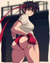 1girls 2d ass bandana big_ass black_hair bloomers blush booty brown_eyes buruma capcom female female_only fingerless_gloves grabbing_own_ass handwear headwear human light-skinned_female looking_at_viewer looking_back pale_skin rear_view sakura_kasugano short_hair solo sports_uniform sportswear street_fighter thick_thighs tomboy triplexmile very_short_hair