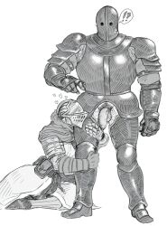 1boy 1other ?! ambiguous_gender anri_of_astora armor confusion cute dark_souls dark_souls_3 flaccid fromsoftware full_body hamfoot1 helmet horace_the_hushed hug hugging knight male male_pubic_hair monochrome mostly_clothed penis penis_out pubic_hair standing surprised sweat uncensored uncut unretracted_foreskin worship