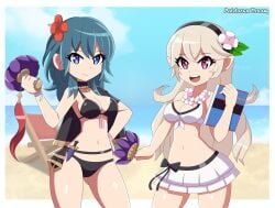 2girls alternate_costume bikini black_bikini black_swimsuit breasts byleth_(fire_emblem) byleth_(fire_emblem)_(female) byleth_(summer)_(fire_emblem)_(female) cleavage corrin_(fire_emblem) corrin_(fire_emblem)_(female) corrin_(summer)_(fire_emblem)_(female) female female_only fire_emblem fire_emblem:_three_houses fire_emblem_fates fire_emblem_heroes nintendo official_alternate_costume open_mouth patdarux white_bikini white_swimsuit