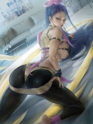 1girls 2022 ass beauty_mark bending_over blue_hair breasts female female_only hips huge_ass huge_breasts indoors king_of_fighters leaning_forward leggings long_hair looking_at_viewer luong_(kof) mole_under_eye pink_hair rain_wzq sideboob slim_waist snk thick_lips thick_thighs thighs tights two_tone_hair wide_hips