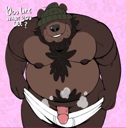 anthro beanie belly body_hair chubby_anthro chubby_male clothing covered_eyes facial_hair furry genitals hat headgear headwear hi_res jax_(thatcatwithabat) male mammal musk nipples penis solo spazz_bear ursid