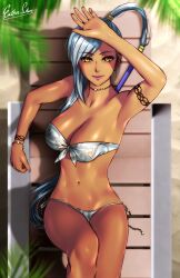 1girls bikini blue_hair cleavage code_geass esther-shen large_breasts long_hair looking_at_viewer lying_on_back ponytail villetta_nu