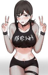 1girls alternate_costume black_eyes black_hair blush breasts chainsaw_man choker ear_piercing female fishnet_legwear fishnets fully_clothed goth goth_girl higashiyama_kobeni midriff navel open_mouth peace_sign shorts shounen_jump tank_top tommietomm