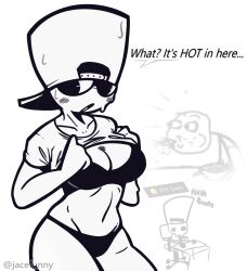 almost_naked ass bald belly big_breasts black_eyes black_panties blush blush_lines curvy emoji female female_focus hat jace_(jacefunny) jacefunny jacethefunny lifting_shirt line_art male meme monochrome panties shirt showing_off suggestive talking_to_viewer thighs top_hat