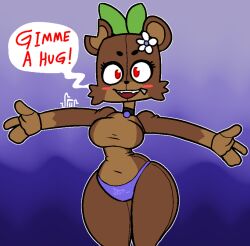 1girls 2d_(artwork) animal_ears bare_shoulders bear bear_ears bear_girl bia_prowell_(slipperyt) blush blushing breasts brown_body brown_fur clothing cute eyelashes female female_only flower flower_on_head fur furry furry_only horny_female hug_request humanoid inviting_to_hug living_plushie mine-imator minecraft no_bra no_nipples outside panties panties_only plush plushie red_eyes solo spur_ tagme talking talking_to_viewer teddy_bear text_bubble thick_thighs thighs topless underwear underwear_only