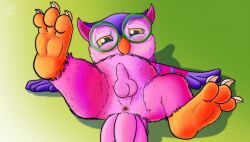 2022 3_toes 4_fingers anthro anus avian balls beak bird blush chubby_male claws digital_media_(artwork) embarrassed erection eyewear fall_guys feathers feet fingers fol foreskin genitals glasses hi_res humanoid_genitalia looking_at_genitalia lying male mediatonic on_back owl penis perineum pink_body pink_feathers presenting purple_body purple_feathers simple_background slightly_chubby soles solo talons toe_claws toes twit_(fall_guys) uni999 video_games yellow_sclera