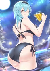 1girls 2022 absurd_res alcohol ass beer bikini black_bikini blue_hair blush breasts drunk eula_(genshin_impact) female female_only genshin_impact gold_eyes hi_res holding_object hot_spring huge_ass kaos_art large_breasts long_hair looking_at_viewer smile solo spilling_drink water wet