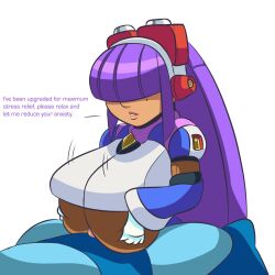 1boy 1girl beauty_mark breasts capcom dark-skinned_female dark_skin dialogue female gloves iggy-bomb layer long_hair male mega_man mega_man_x mole no_eyes paizuri purple_hair robot robot_girl robot_humanoid straight text