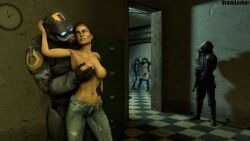 2021 2girls 3d 3d_(artwork) 4:3 abs alyx_vance armor athletic_female bare_breasts big_breasts black_hair braunlecher breast_grab breasts bulletproof_vest citizen civil_protection clock clothed clothing combine combine_ordinal combine_soldier deviantart female fully_clothed furniture gas_mask grabbing_from_behind half-life half-life:_alyx half-life_2 hand_on_another's_chest helmet hi_res high_resolution highres holding_weapon indoors inside jeans light-skinned_female metrocop metropolice moyachnik naked naked_female navel nipples nude nude_female partially_clothed pistol police police_officer police_uniform soldier source_filmmaker topless topless_female transhuman valve weapon