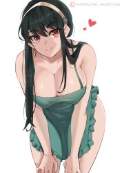 1girls apron assassin big_breasts black_hair bottomless breasts cleavage eye_contact female hearts huge_breasts long_hair looking_at_viewer mandytsune naked_apron nipple_bulge no_bra red_eyes smile solo spy_x_family thick_thighs thighs thorn_princess white_background wide_hips yor_briar