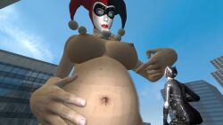 2girls 3d batman:_arkham_knight batman_(series) belly big_belly bloated bloated_belly breasts catwoman catwoman_(arkham) catwoman_(arkham_knight) dc dc_comics female female_only giantess hand_on_belly harley_quinn harley_quinn_(arkham) harley_quinn_(arkham_knight) harley_quinn_(classic) imminent_vore lostlog macro macro/micro nipples selina_kyle size_difference vore