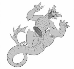 anthro anus ass claws closed_eyes genitals gesture greyscale holding_leg_up horn kobold lying male monochrome on_back penis presenting presenting_hindquarters scalie solo tongue tongue_out tritscrits v_sign white_claws