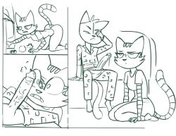 anthro barefoot bed big_penis clothed clothing comic cub domestic_cat duo feet felid feline felis female fran_(litterbox_comics) fur furniture genitals hi_res litterbox_comics male mammal mature_anthro mature_female monochrome mother mother_and_child mother_and_son pajamas parent parent_and_child penis poking_out redout son striped_body striped_fur stripes surprised_expression toy vein veiny_penis vincent_(litterbox_comics) webcomic young