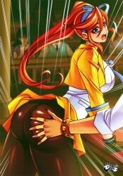 1boy 1girls apollo_justice athena_cykes big_breasts blue_eyes bracelet female groping gyakuten_saiban hand_on_ass huge_ass jadenkaiba leggings long_hair orange_hair thick_thighs watermark